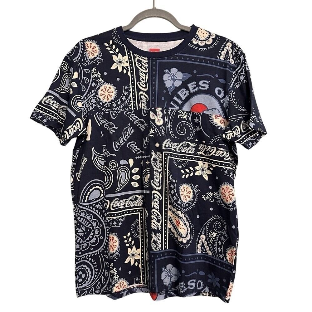 Staple Coca-Cola T-Shirt Mens Small Navy Blue Bandana Paisley All Over Print Tee